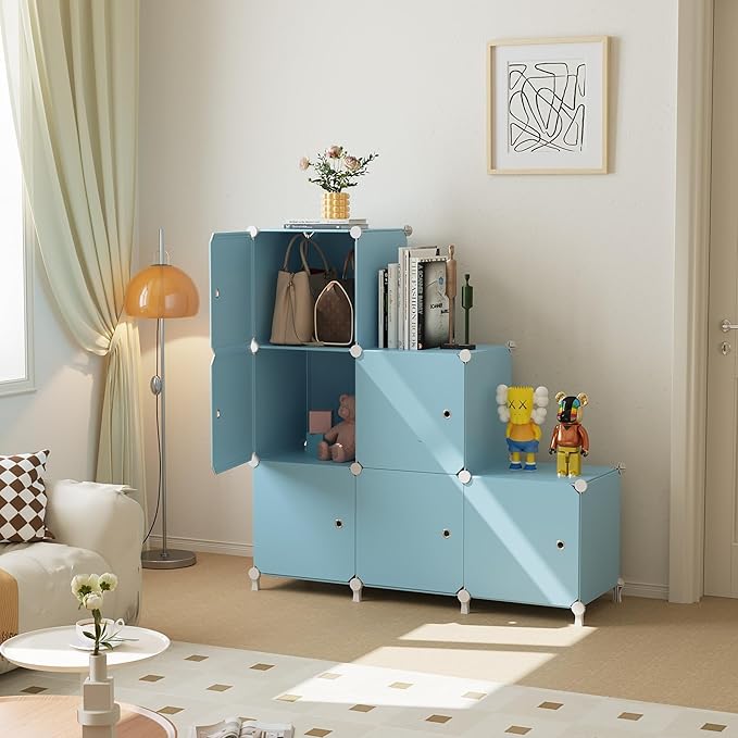 Cube Storage Organizer, 6-Cube Shelves Unit with Doors, DIY Stackable Plastic Clothes Organizer for Bedroom and Under Stairs 