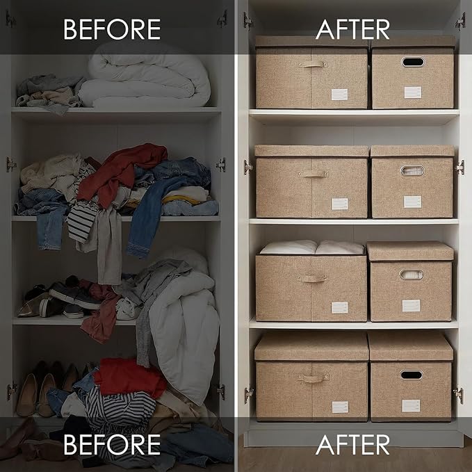 PRANDOM Storage Bins with Lids [3-Pack] Jute Fabric Foldable Storage Boxes Organizer Containers Baskets Cube with Cover for H