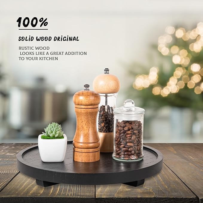 Round Decorative Tray Wood Bathroom Counter Organizer Farmhouse Kitchen Decor Wooden Riser for Soap Dish, Perfume, Candle, Sp