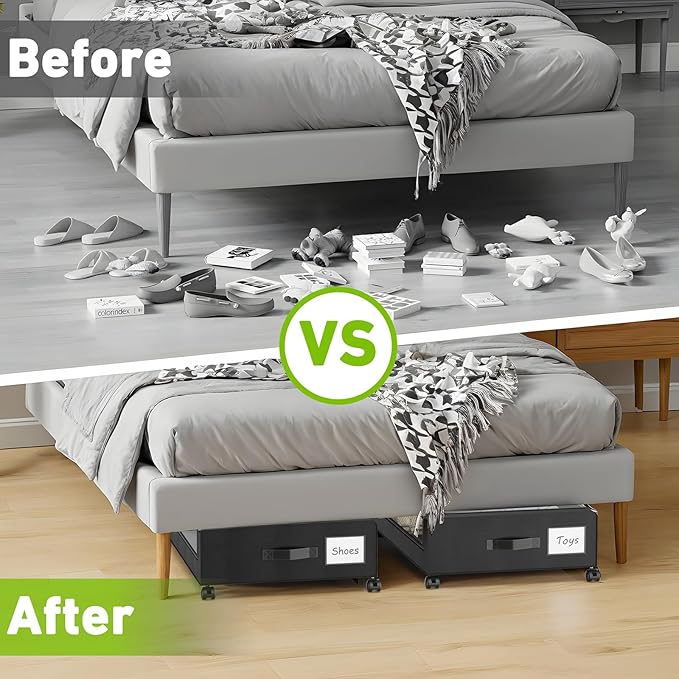 Under Bed Storage with Wheels, 2-Pack Under the Bed Storage Containers with Clear Lids & Label, Underbed Storage Bins, XXL 60
