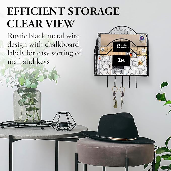 MyGift 2 Compartment Mail Inbox/Outbox Sorter, Wall Mounted Modern Black Metal Wire Entryway Organizer Basket for Mails, Bill