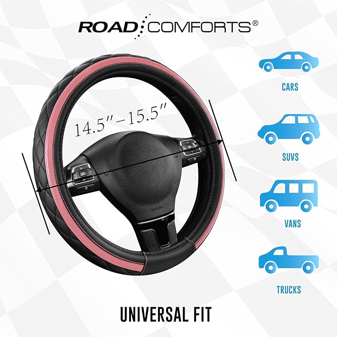 Road Comforts Leather Steering Wheel Cover – Black & Pink, Universal Fit 14.5-15 Inch, Microfiber Leather, Anti-Slip & Breath