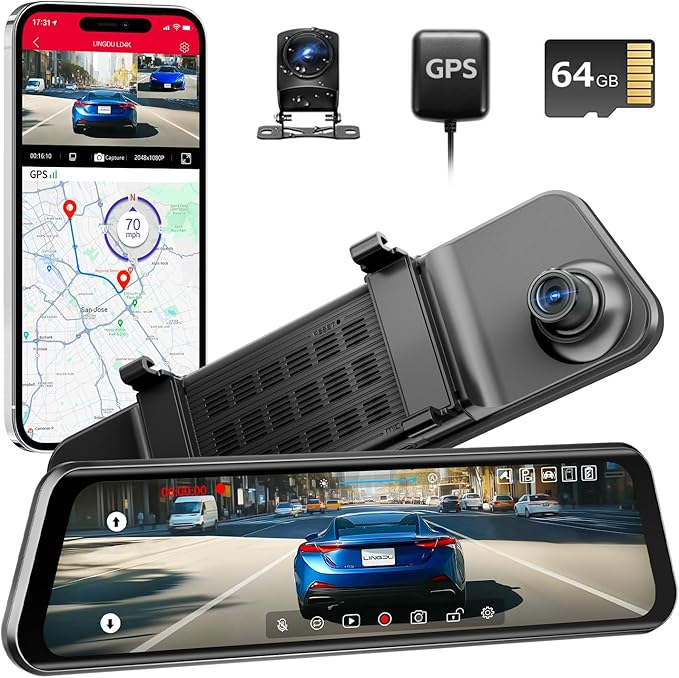 12" Mirror Dash Cam, 4K UHD Front and 2.5K Rear View Dash Camera for Car, with ADAS BSD LCA Smart Mode, GPS, G-Sensor, Loop R