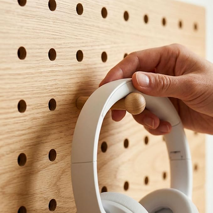 Wooden Pegboard Wall Organizer Kit – Modern Natural Wood Peg Board with Shelves & Hooks – 2 Tone Brown & Oak Premium Wooden P