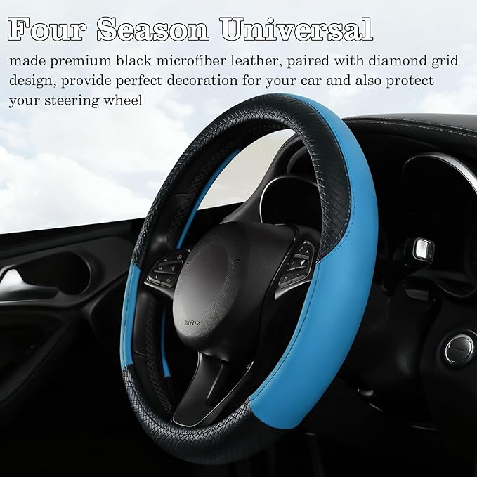 Black & Blue Car Steering Wheel Cover, Microfiber, Leather Patchwork, Universal 14.5-15 Inch Leather Anti-Slip Breathable Aut