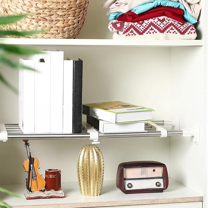 Geetery 4 Pcs Closet Tension Shelf Rod Metal Expandable Shelf Organizer Adjustable Closet Shelves Rack DIY Dividers Separator