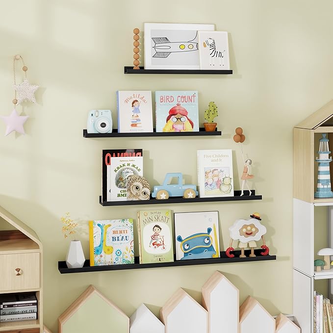 Fun Memories 40 Inch Floating Shelves for Wall - Wall Shelves with Lip Set of 4 - Nursery Bookshelf for Storage - Picture Led