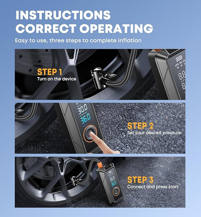 Tire Inflator Portable Air Compressor, Cordless & 12V DC Air Inflator for Car Bikes MotorcycleTires Balls with Auto Shut-Off, Digital Pressure Gauge, Compact Emergency Pump