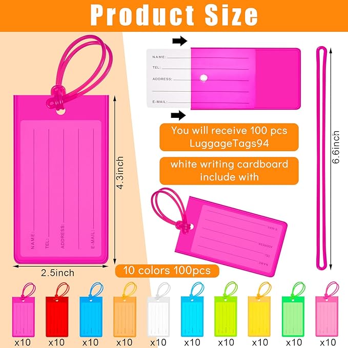 Sumind 100 Pcs Plastic Luggage Tags Assorted Name Identification Labels Flexible Suitcase Tags for Travel Baggage, 10 Colors 