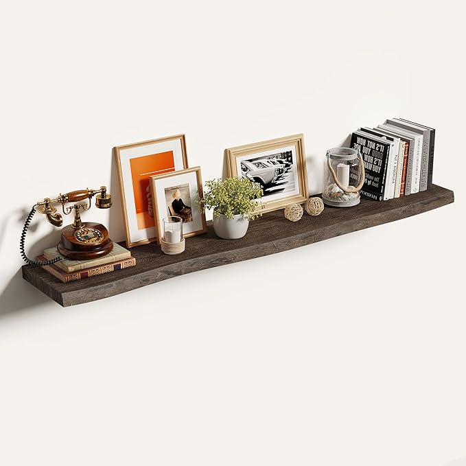 Vivelove Live Edge Floating Shelves 55 Inch Elm Wood, Rustic Farmhouse Wall Shelf with Invisible Bracket for Living Room Bedr