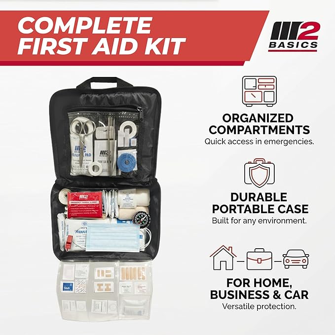 M2 BASICS Premium 300 Piece Professional First Aid Kit, 40 Unique Items, Durable Carry Bag for Home, Car, Business, Travel & 