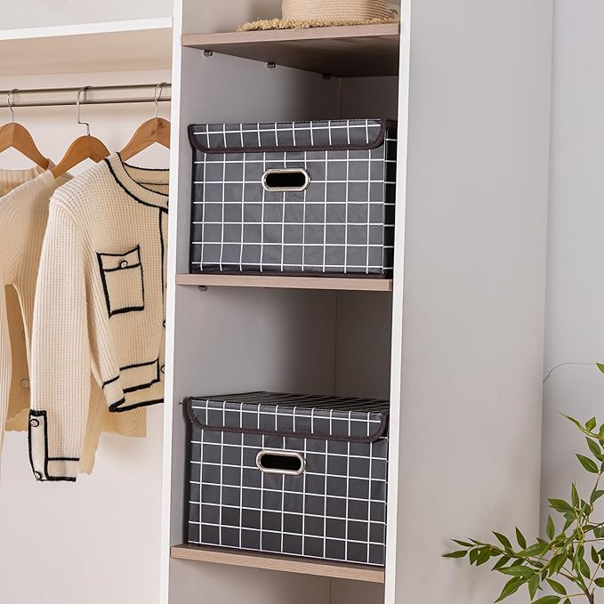 STOREONE Fabric Storage Cube Bins Foldable Organizer Container Collapsible Basket with Lids and Metal Handles, for Home, Bedr