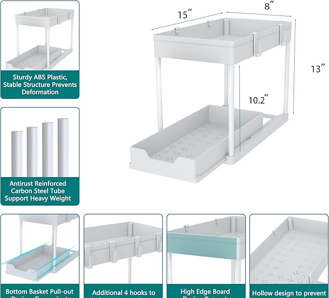 DEKAVA Cabinet, 2 Pack Under Sink Organizer, 2 Tier Sliding Bathroom Kitchen Organizer, Large White ABS Baskets, Easy Install