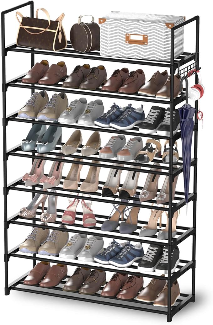 Hsscblet 8 Tiers Metal Shoe Rack,Adjustable Shoe Shelf Storage Organizer with Hooks,Stackable Boot & Shoe Storage,for Entrywa
