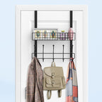 Coat Rack, Over The Door Hanger with Mesh Basket, Detachable Storage Shelf for Towels, Hats, Handbags, Coats (Black)