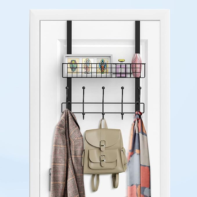 Coat Rack, Over The Door Hanger with Mesh Basket, Detachable Storage Shelf for Towels, Hats, Handbags, Coats (Black)
