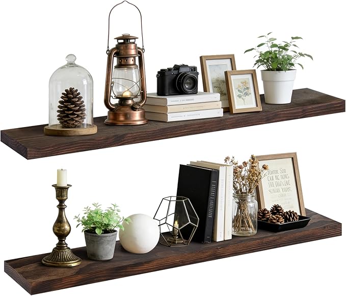 Floating Wall Shelf 48x6.8x1.7 Inch – Solid Wood Shelf in Walnut Finish – Extra Long Wall Mounted Rustic Display Shelf for Li