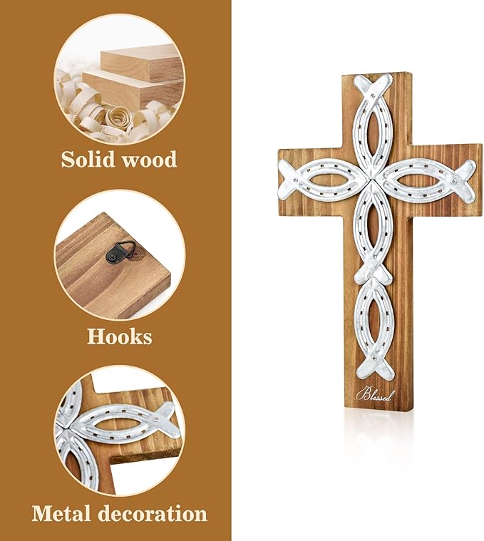 OKSQW Wall Cross Retro Catholic Wooden Hanging Baptism Crosses with Unique Metal Cross Spiritual Religious Cross with Hook 12