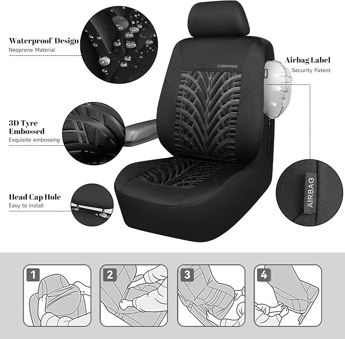 CAR PASS Neoprene Waterproof Seat Covers,Wetsuit Car Seat Covers Front Seats Universal Fit for Vans, Truck, SUV Two Front Onl