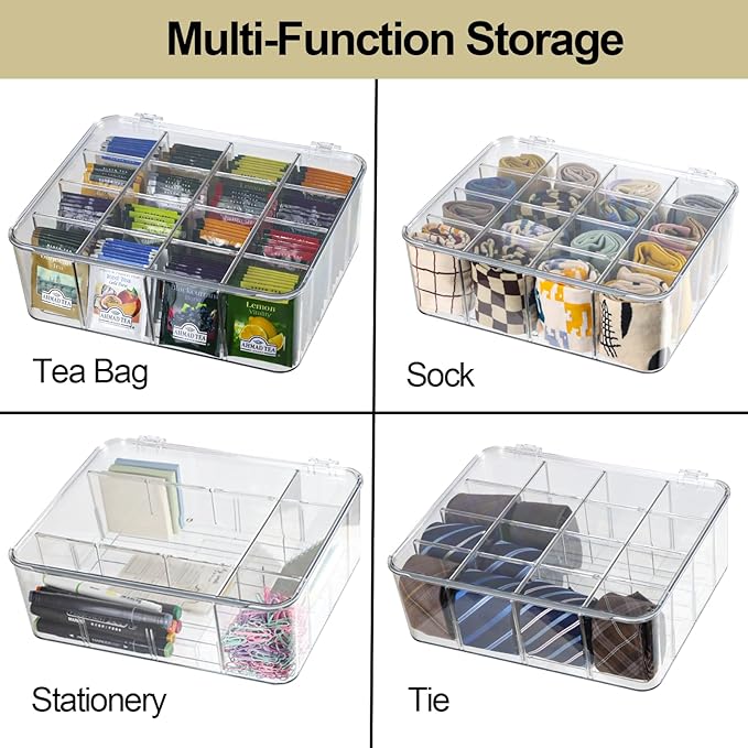 ZEXALOR Socks Underwear Drawer Organzier Dividers, 16 Compartment Removable Divided Plastic Storage Bin with Lid, Storage Org