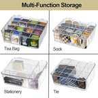 ZEXALOR Plastic Clear Storage Containers, Set of 2, Sock Organizer Divided Boxes with Lids, Underwear Drawer Organizer, Tie D