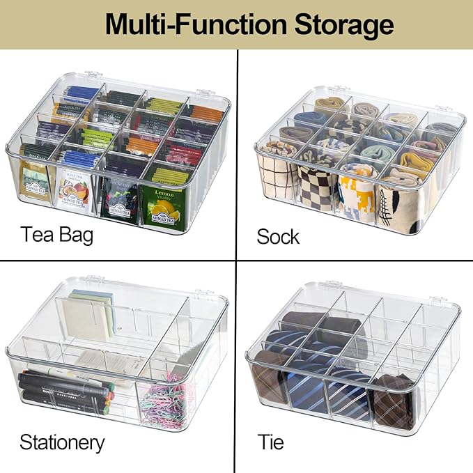 ZEXALOR Plastic Clear Storage Containers, Set of 2, Sock Organizer Divided Boxes with Lids, Underwear Drawer Organizer, Tie D