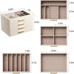 pickpiff Jewelry Box Organizer Case for Women: 4-Layer Jewelry Storage Case with Glass Window, Ivory Leather with Pink Velvet