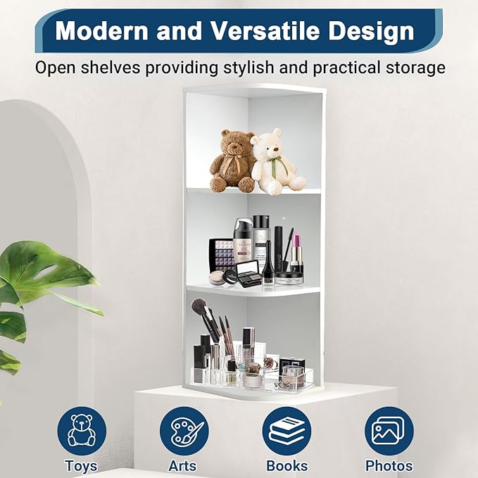 Whitmor 3 Tier Corner Open Shelf, 3 Cube Display Corner Bookshelf, Open Storage Display Bookcase, Storage Cabinet for Living 