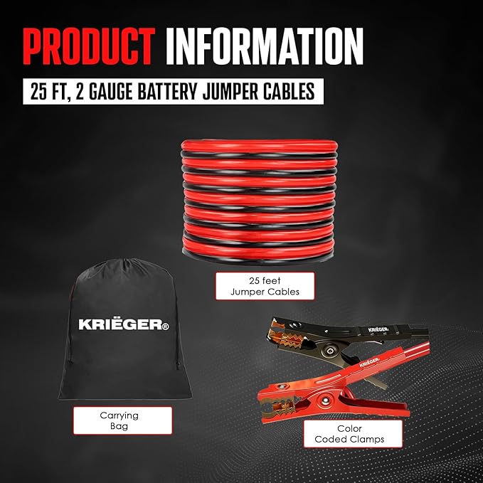 K KRIËGER Jumper Cables for Car Battery, Heavy Duty Automotive Booster Cables for Jump Starting Dead or Weak Batteries with Carrying Bag Included (25-Feet (2-Gauge)