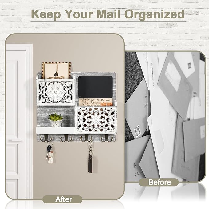 Mail Organizer Wall Mounted, 2 Slots Key Holder for Wall with 8 Hooks, Rustic Wood Key Rack with Shelf for Entryway Hallwall 