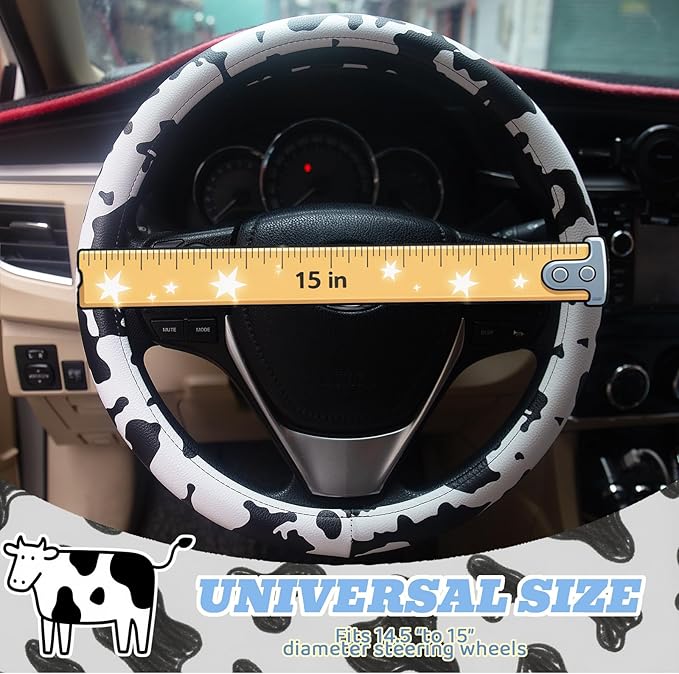 Universal Steering Wheel Cover Women 14.5-15 inch car Accessories Cow Print Western Leather Anime Black and White Cute Wheel 