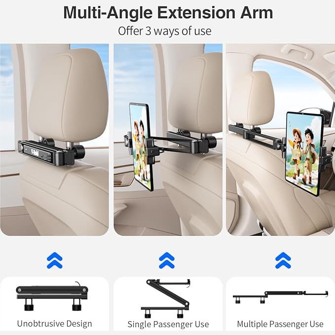 Foldable Tablet Car Holder for Backseat, Adjustable Car Headrest Tablet Holder, Road Trip Essentials for Kids. Back Seat iPad Mount for 4.7-11" Devices