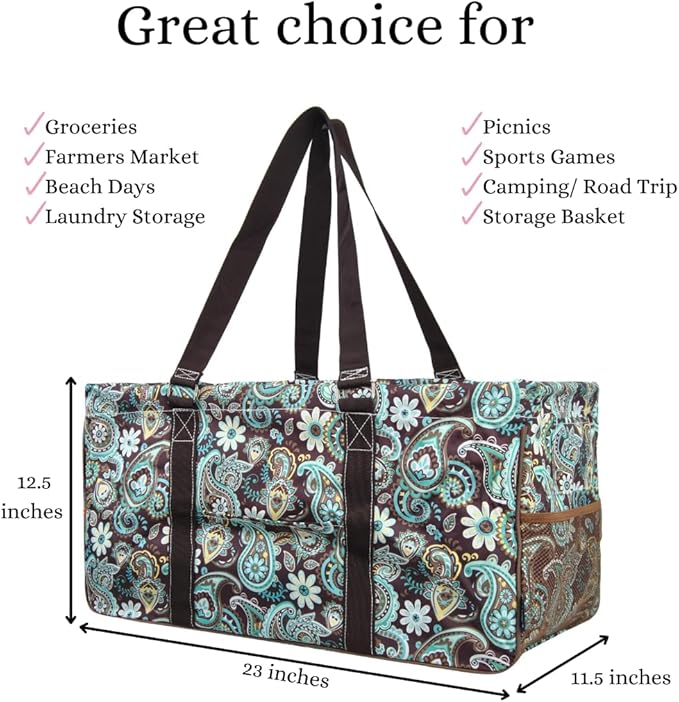 NGIL Extra Large Utility Tote Reusable Grocery Organizing Bag Oversized Collapsible for Storage, Picnic,Car, Beach (Teal Paisley-Brown)