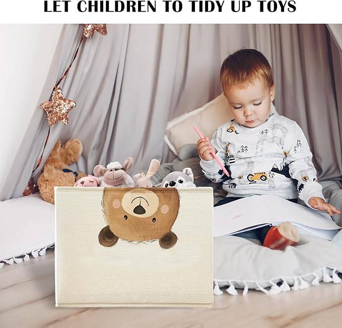 Rectangular Bear Basket Cute Animal Woodland Storage Basket Organizer Bins With Handles,Toy Baskets Storage Kids,Bear Laundry