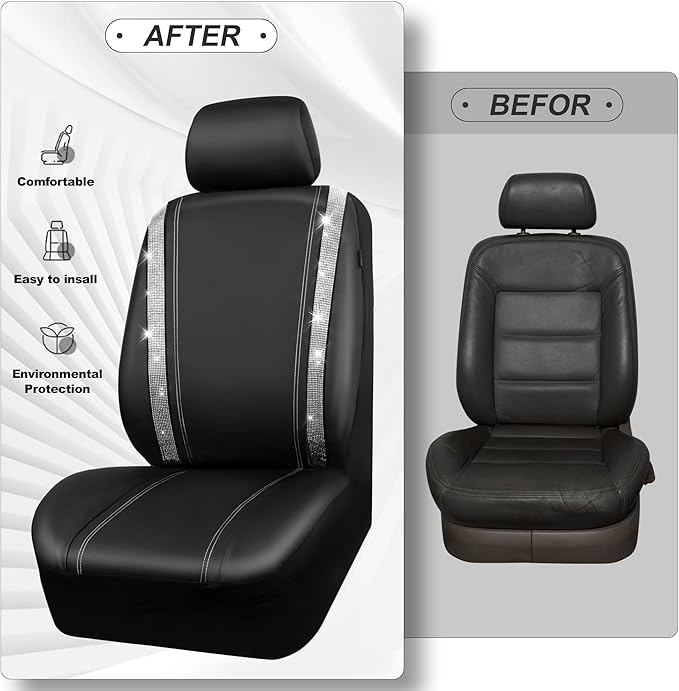 CAR PASS Leather Bling Diamond Car Seat Cover 2 Front Interior Sets, Waterproof Universal Shining Glitter Crystal Sparkle Fit for 95% Automotive Truck SUV Cute Women Girl, Black Silver Rhinestone