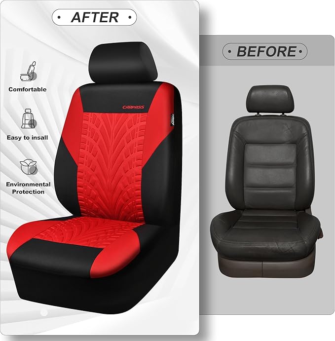 CAR PASS Car Seat Covers Two Front Only for Car, 3D Tyre Print Automotive Interior Covers, Airbag Compatible, Quick Setup Uni