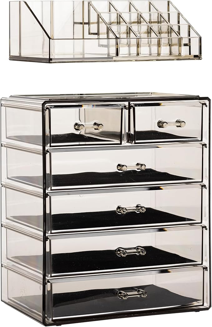 Sorbus Acrylic Makeup Organizer Set, 6-Drawer Vanity & Countertop Cosmetic Storage with Small & Wide Compartments, Black-Tint