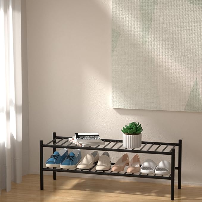 ROMGUAR CRAFT 2-Tier Bamboo Long Shoe Rack, Free Standing Wood Shoe Shelf Storage Organizer for Closet Entryway Stackable 35"