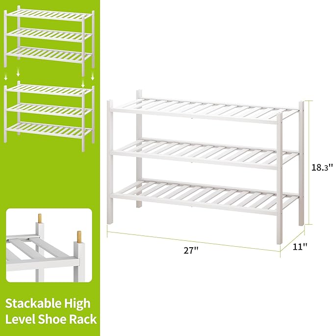 BMOSU 3-Tier Bamboo Shoe Rack Premium Stackable Shoe Shelf Storage Organizer for Hallway Closet Living Room Entryway Organize