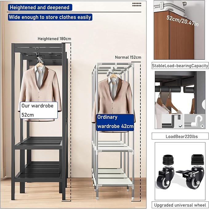 Foldable Portable Wardrobe On Wheels, Freestanding Garment Rack, with Magnetic Door 2000lbs, Heavy Duty Clothes Rack, for Bed