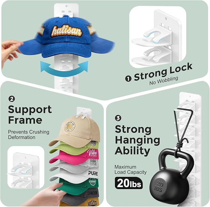 2 Pack Hat Organizer for Baseball Caps, Detachable DIY Hat Rack for Wall Hat Holder Hold up to 22 Hats, Baseball Cap Organize