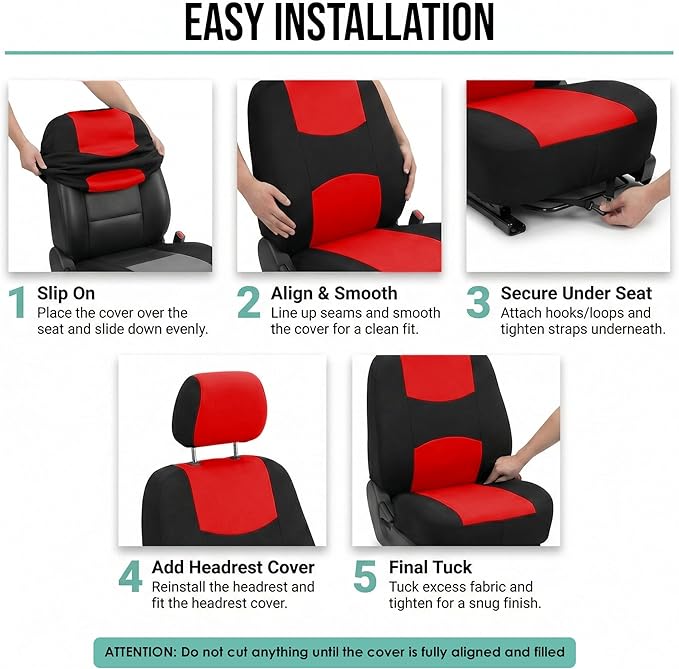 FH Group Flat Cloth Full Set Car Seat Covers Three Row 7 Seater - Universal Fit for Cars, Trucks & SUVs Red