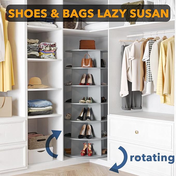 SpaceAid 6 Tier Rotating Shoe Rack Tower, Spinning Shoe Display Lazy Susan, Revolving 360 Shoe Rack Storage Round Carousel, V