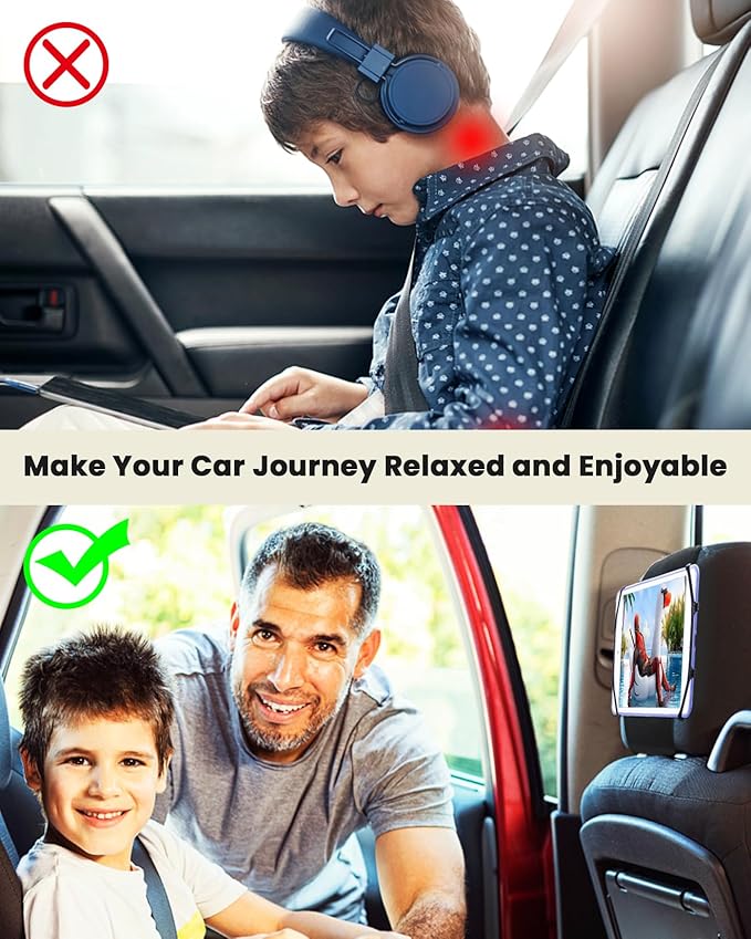 WONNIE Car Tablet Holder, Upgraded iPad Holders for Car Mount Headrest, iPad Mount Back Seat for Kids with Anti-Slip Strap, Silicone Holding Net/Fits All 7-12.9'' Tablets, 2 Pack