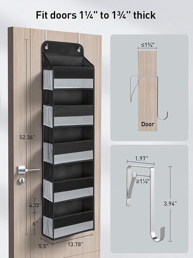 Yecaye 1 Pc Over the Door Organizer with 5 Bins 10 Side Pockets, 44lbs Load Hanging Bathroom and Bedroom Organizer, behind th