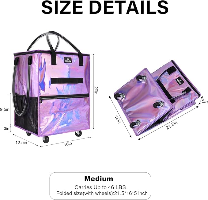 Reusable Grocery Bag on Wheels, Foldable Rolling Shopping Tote Bag, Water-Resistant Material, Zipper Top, Heavy Duty Handle, Lightweight, Strong Carrying Capacity, Medium, Gradient Purple