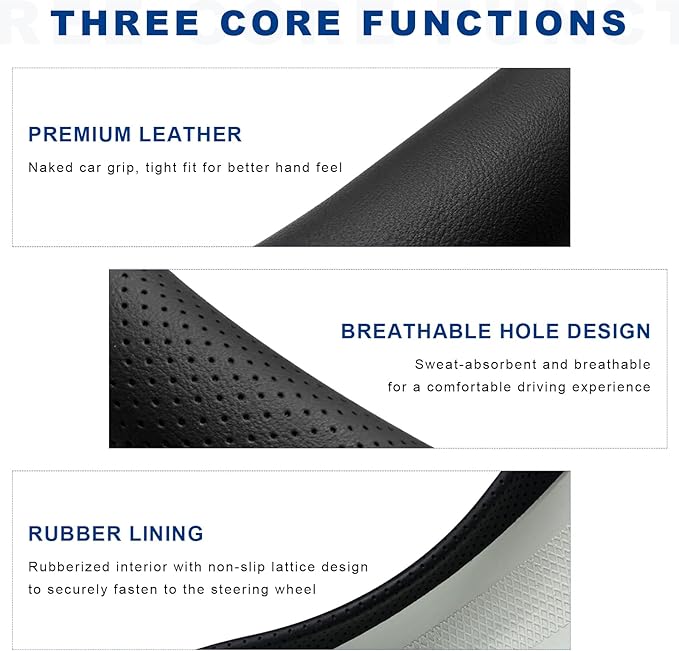 Car Steering Wheel Cover, Leather D-Shaped Steering Wheel Sleeve with Anti-Slip Lining, Breathable Flat Bottom Car Wheel Prot
