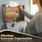 Flexzion Rustic Wood Entryway Mail Sorter Holder, Wall Mount Mudroom Storage Organizer with Blackboard Chalkboard Memo Board 