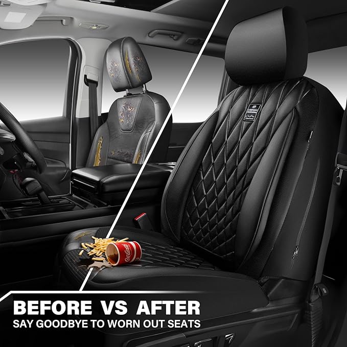 CAR PASS Piping Luxury Faux PU Leather Two Front Car Seat Covers, Waterproof Anti Slip Seat Covers Compatible with Front Seat