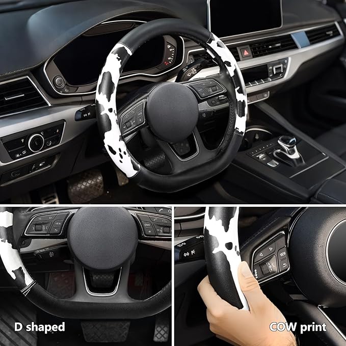 ZHOL Cow Print Steering Wheel Cover, D Shaped Car Wheel Cover Microfiber Leather 14 1/2-15 in (37-39 cm)